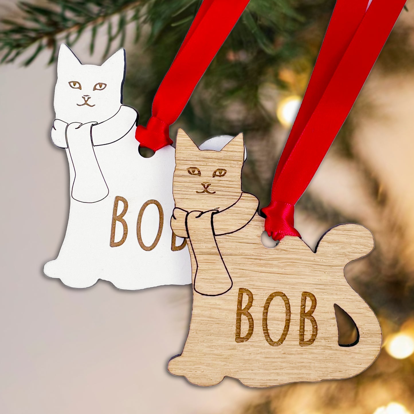 Personalised Wooden Cat with Scarf Christmas Tree Bauble Decoration
