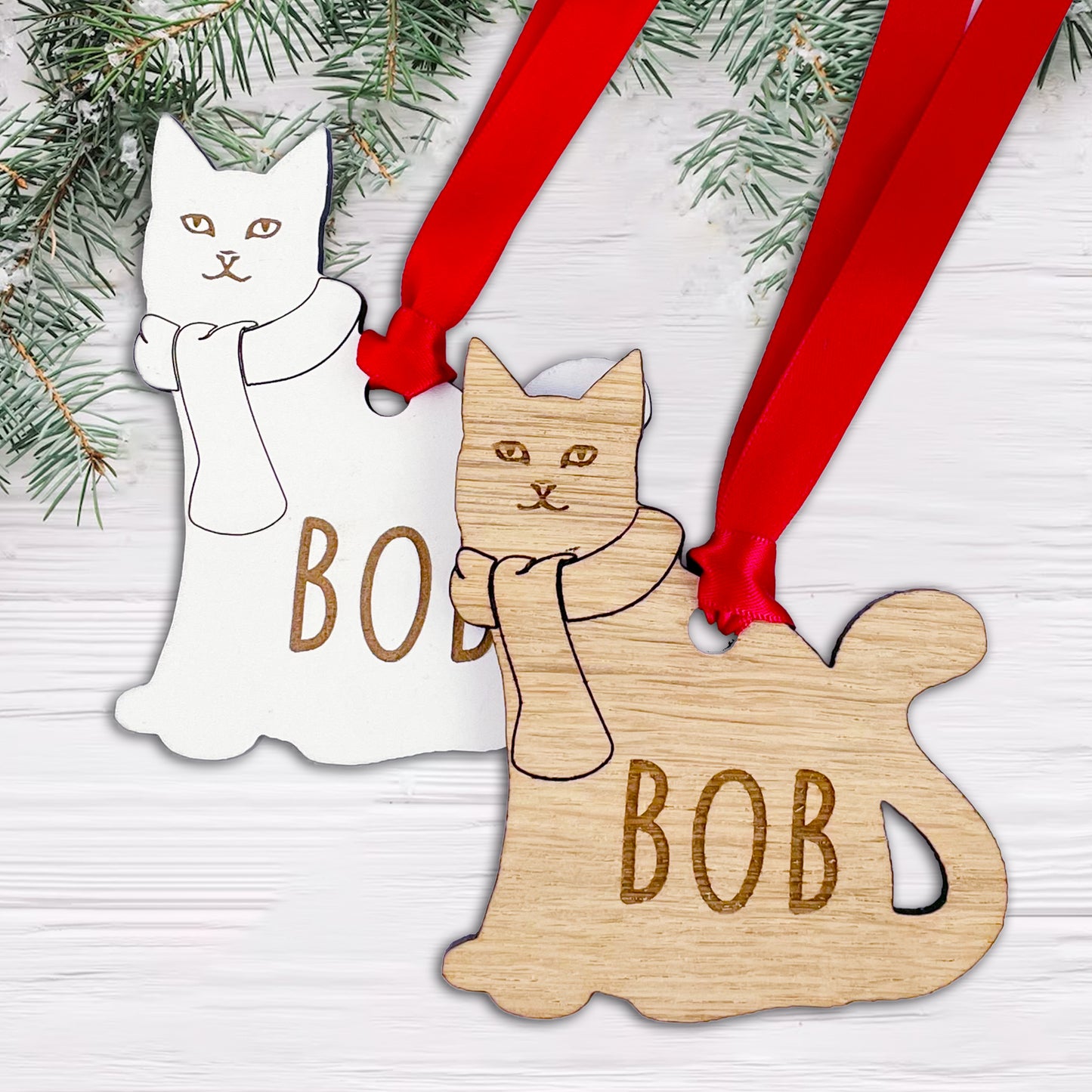 Personalised Wooden Cat with Scarf Christmas Tree Bauble Decoration