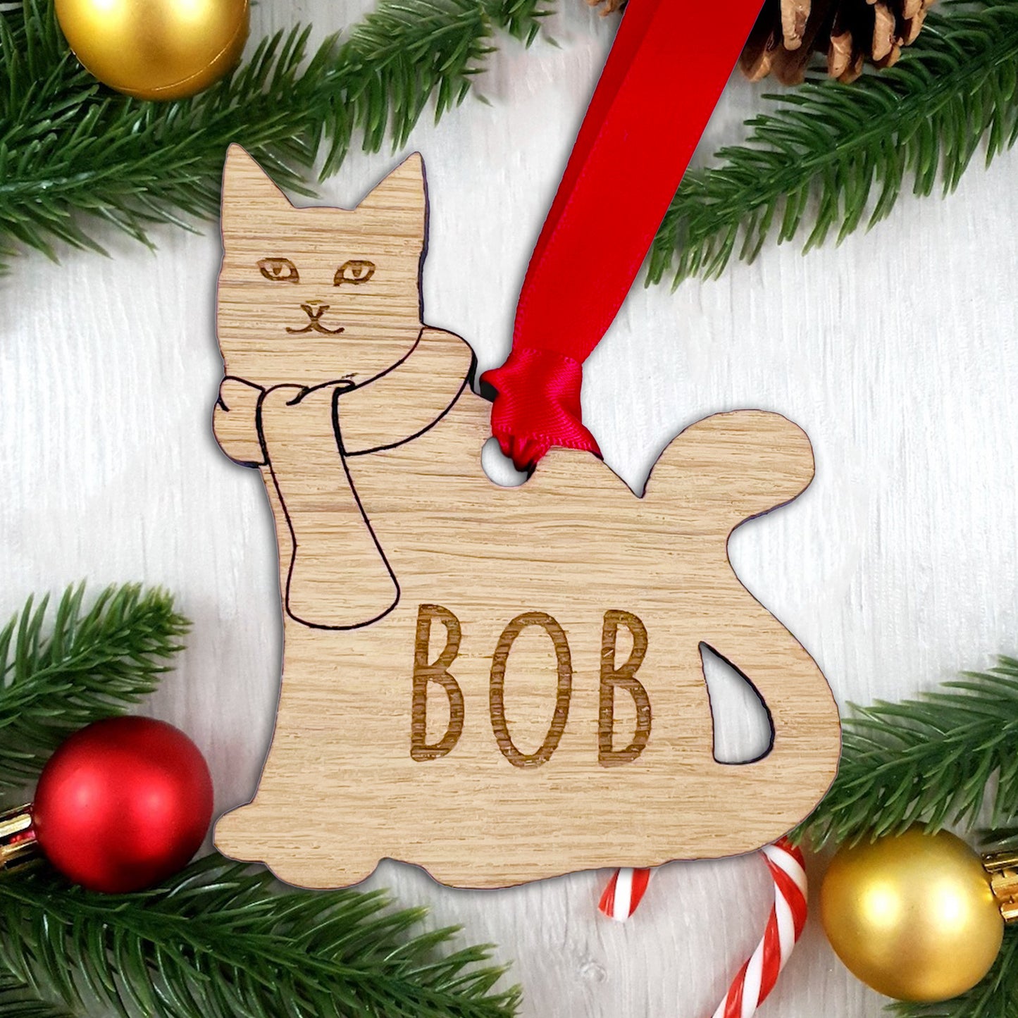 Personalised Wooden Cat with Scarf Christmas Tree Bauble Decoration