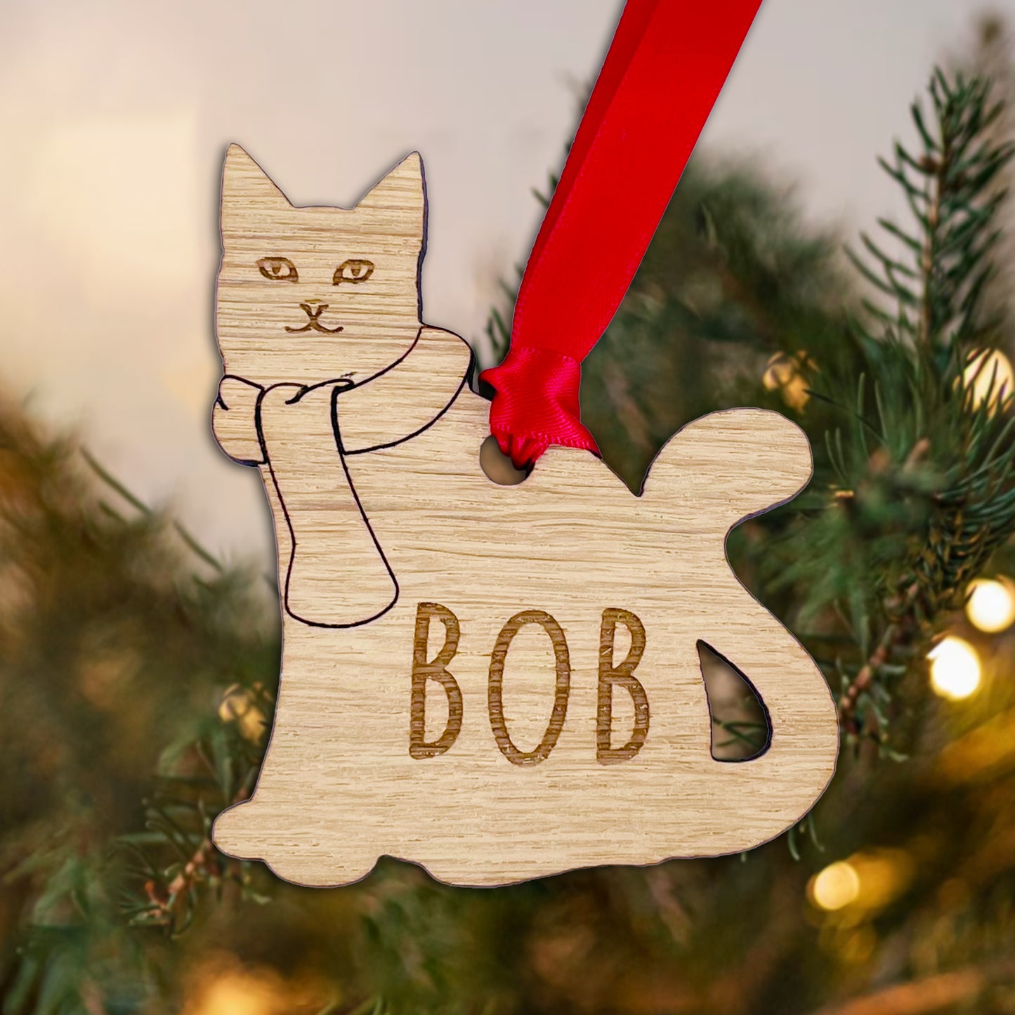 Personalised Wooden Cat with Scarf Christmas Tree Bauble Decoration