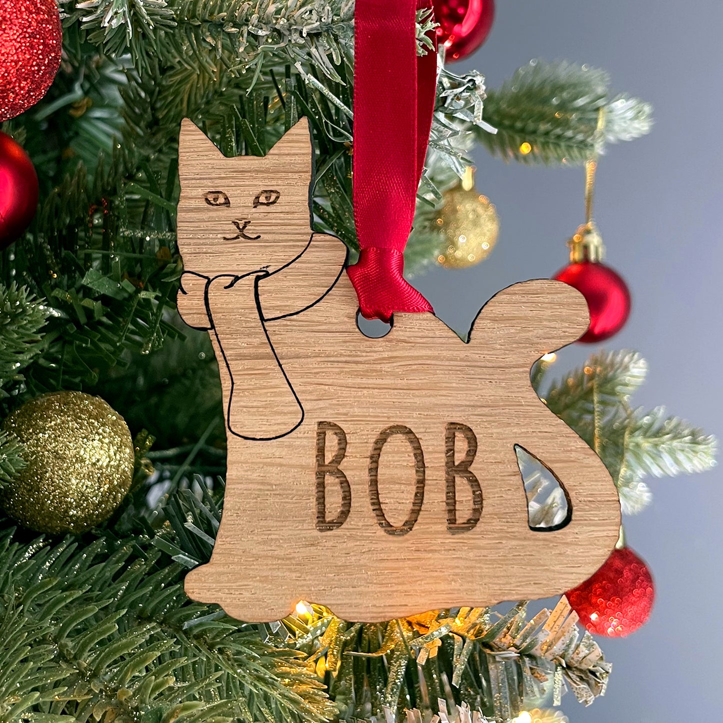 Personalised Wooden Cat with Scarf Christmas Tree Bauble Decoration