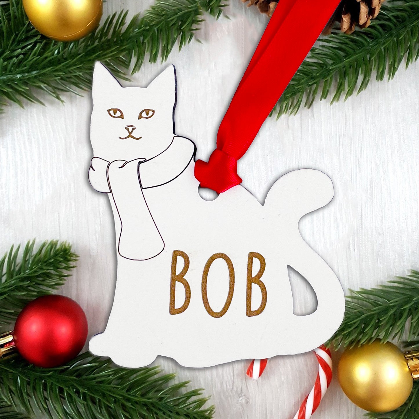 Personalised Wooden Cat with Scarf Christmas Tree Bauble Decoration