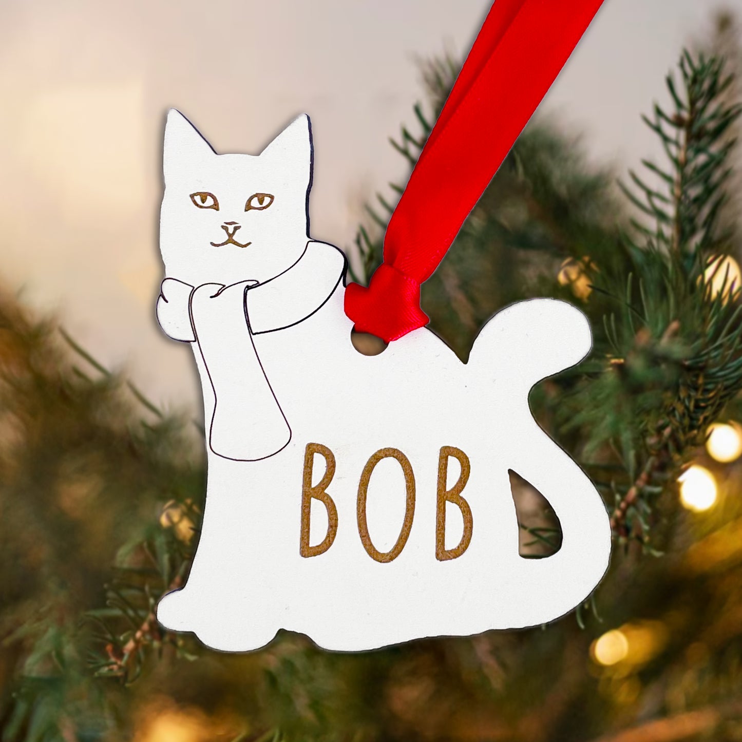 Personalised Wooden Cat with Scarf Christmas Tree Bauble Decoration