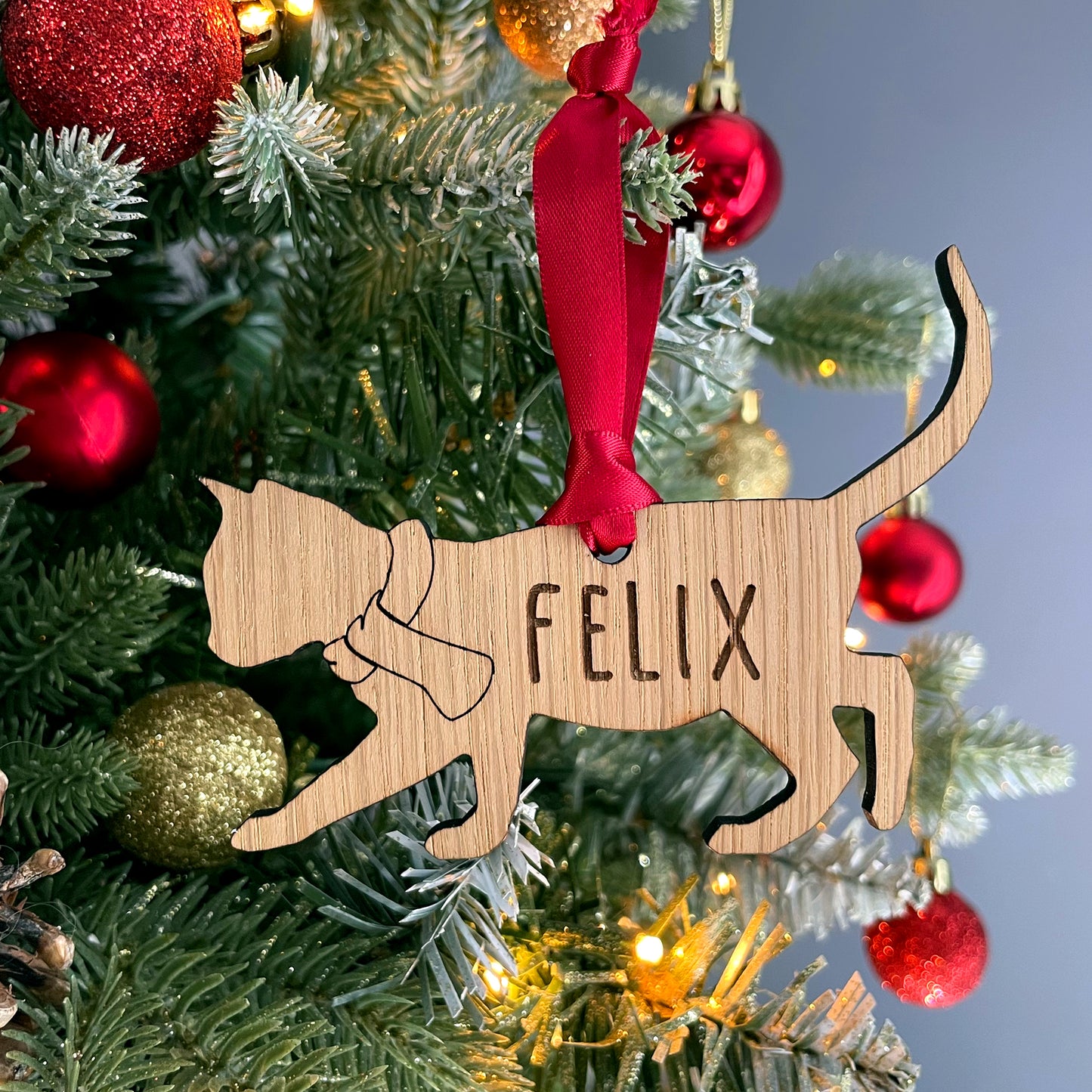 Personalised Cat Wooden Tree Bauble Decoration - Add any name!