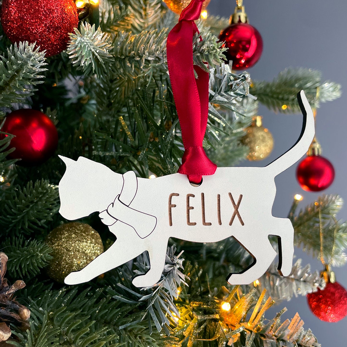 Personalised Cat Wooden Tree Bauble Decoration - Add any name!