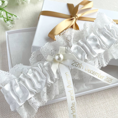 Personalised Garter White with Gold Text