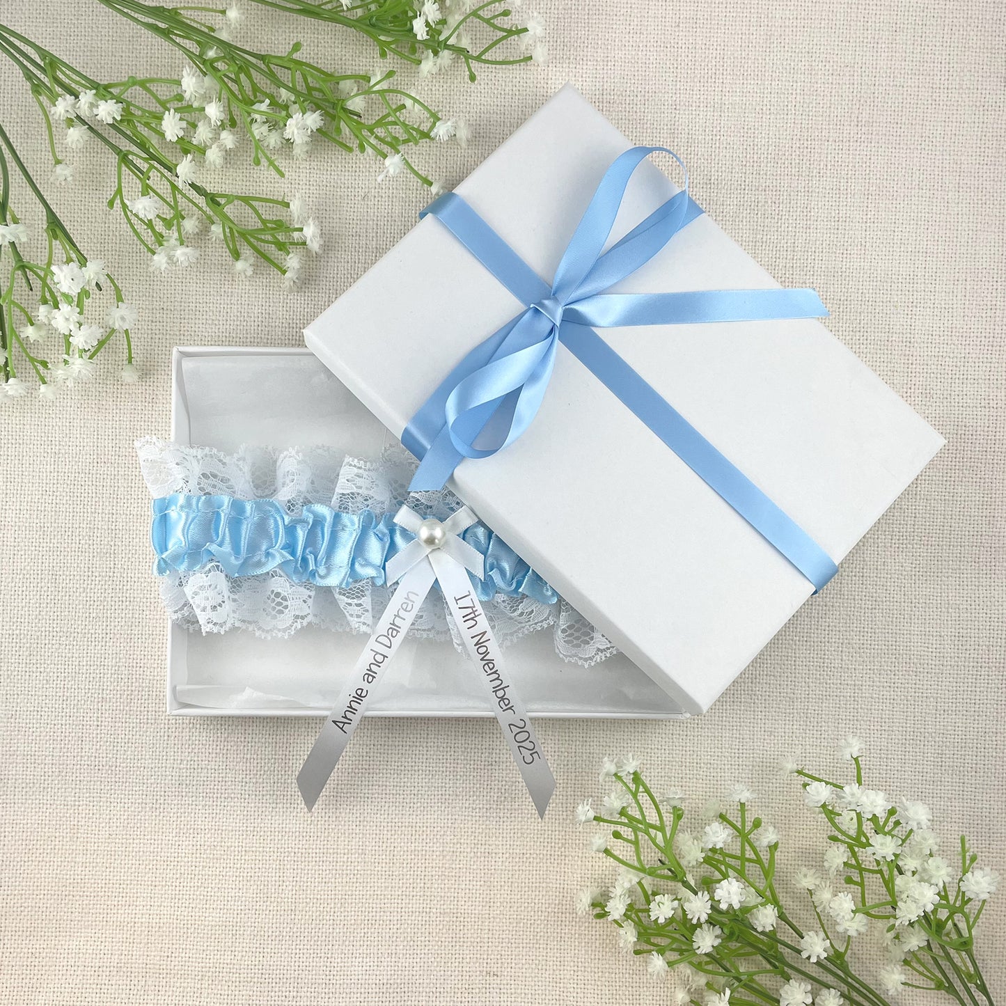 Personalised Garter White and Blue with Silver Text