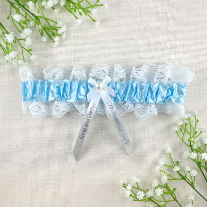 Personalised Garter White and Blue with Silver Text