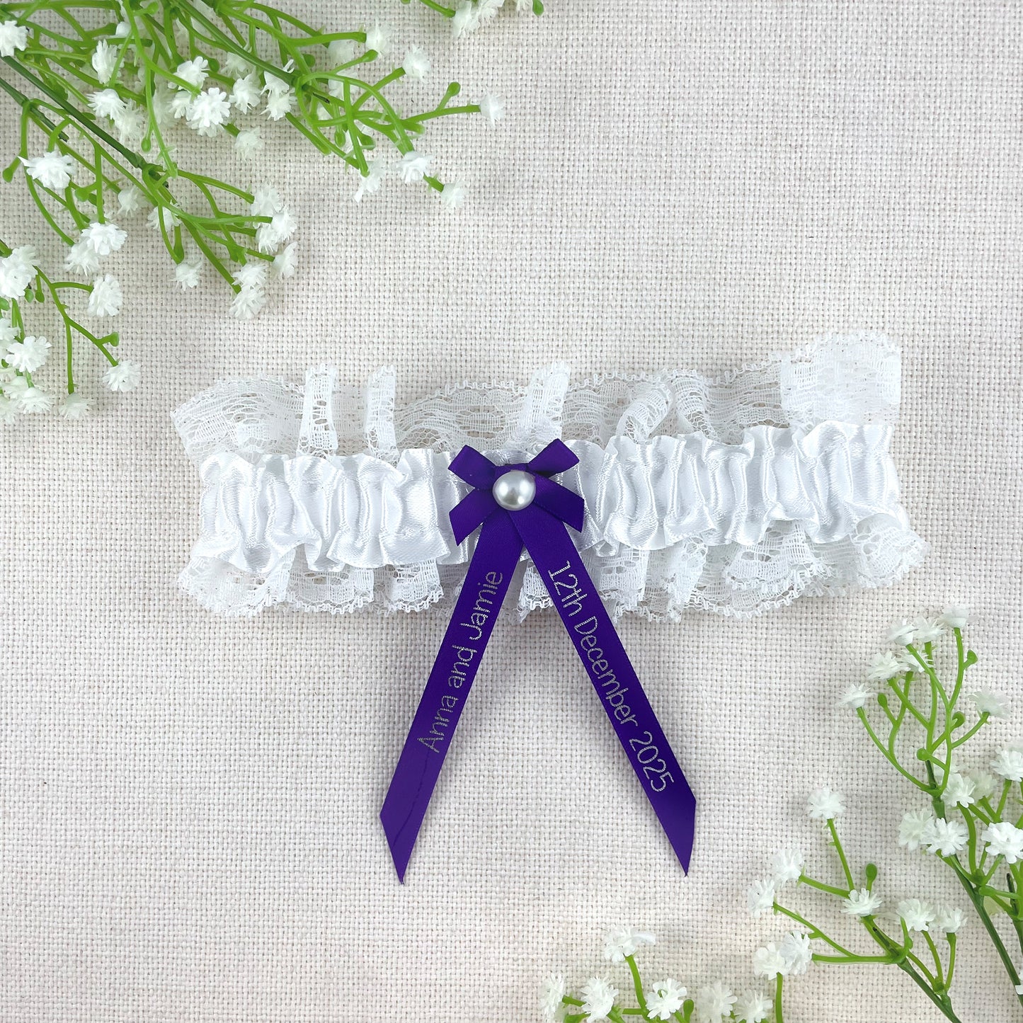 Personalised Garter Purple with Silver Text