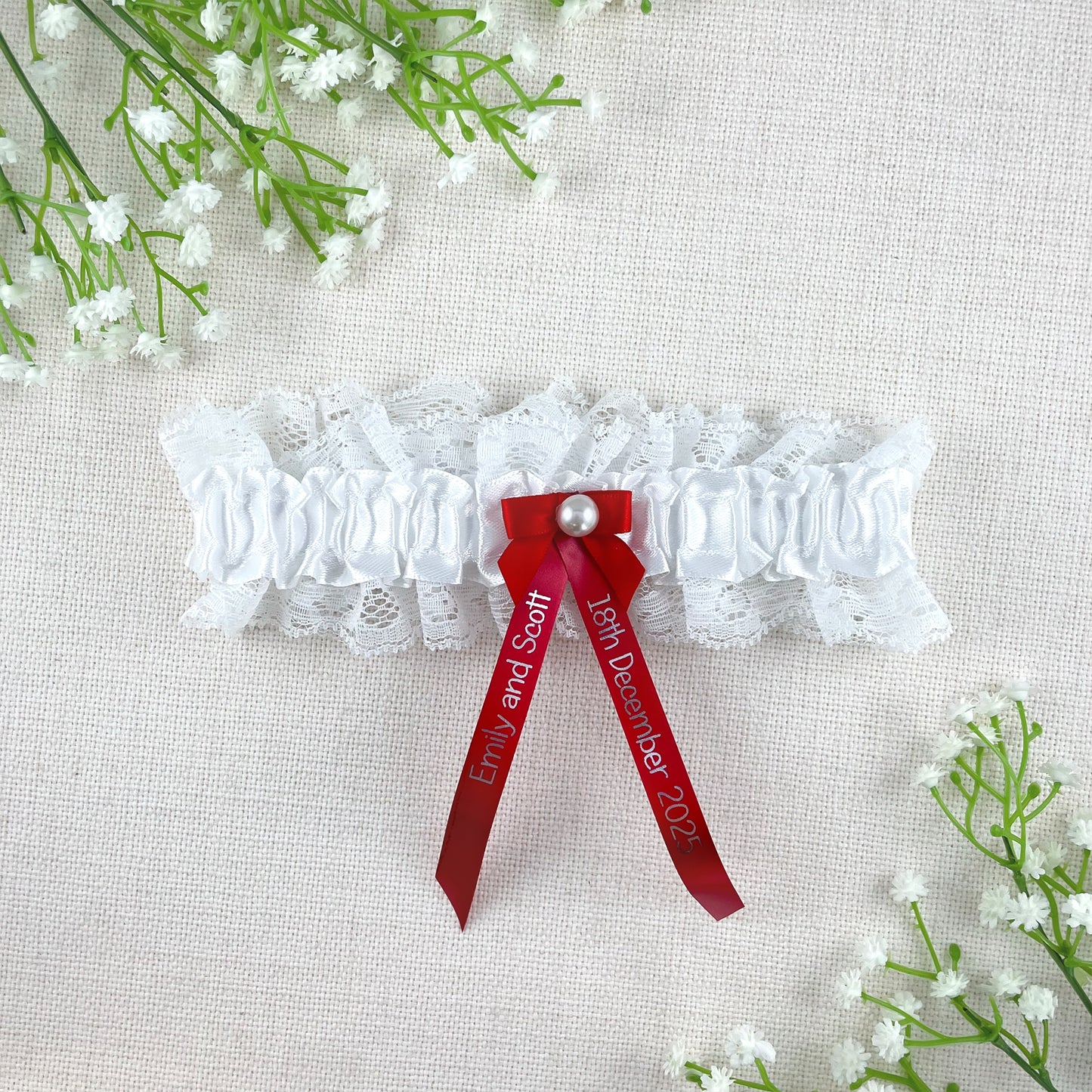 Personalised Garter Red with Silver Text