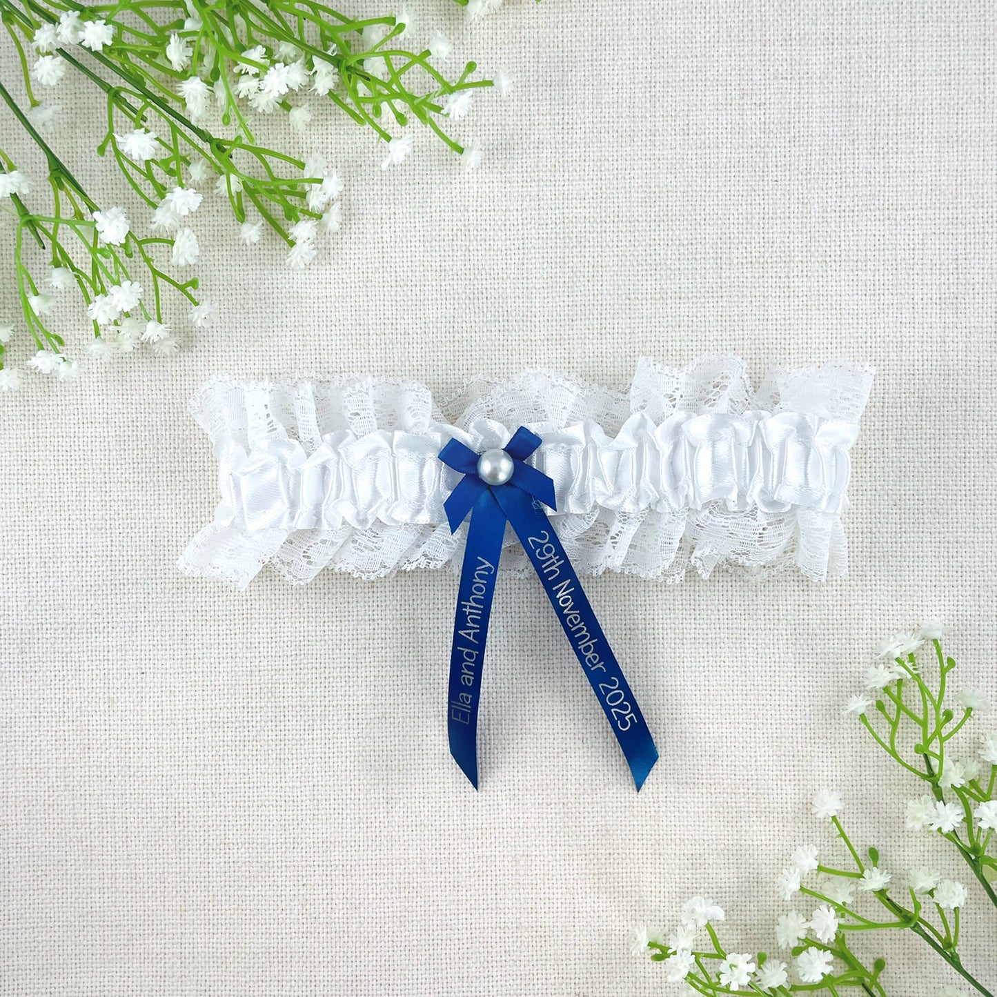 Personalised Garter Royal Blue with Silver Text