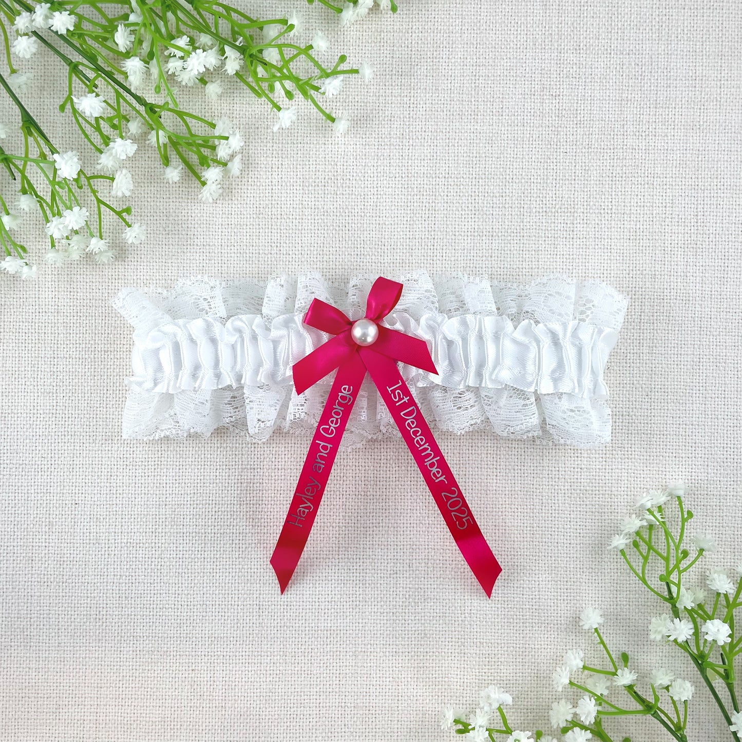 Personalised Garter Hot Pink with Silver Text