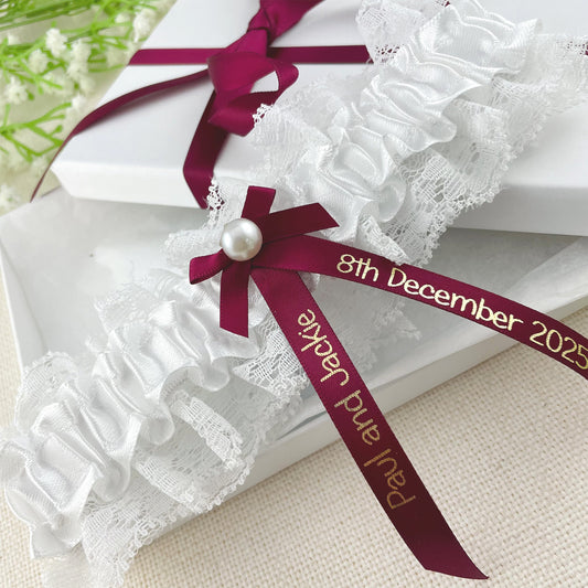 Personalised Garter Burgundy with Gold Text
