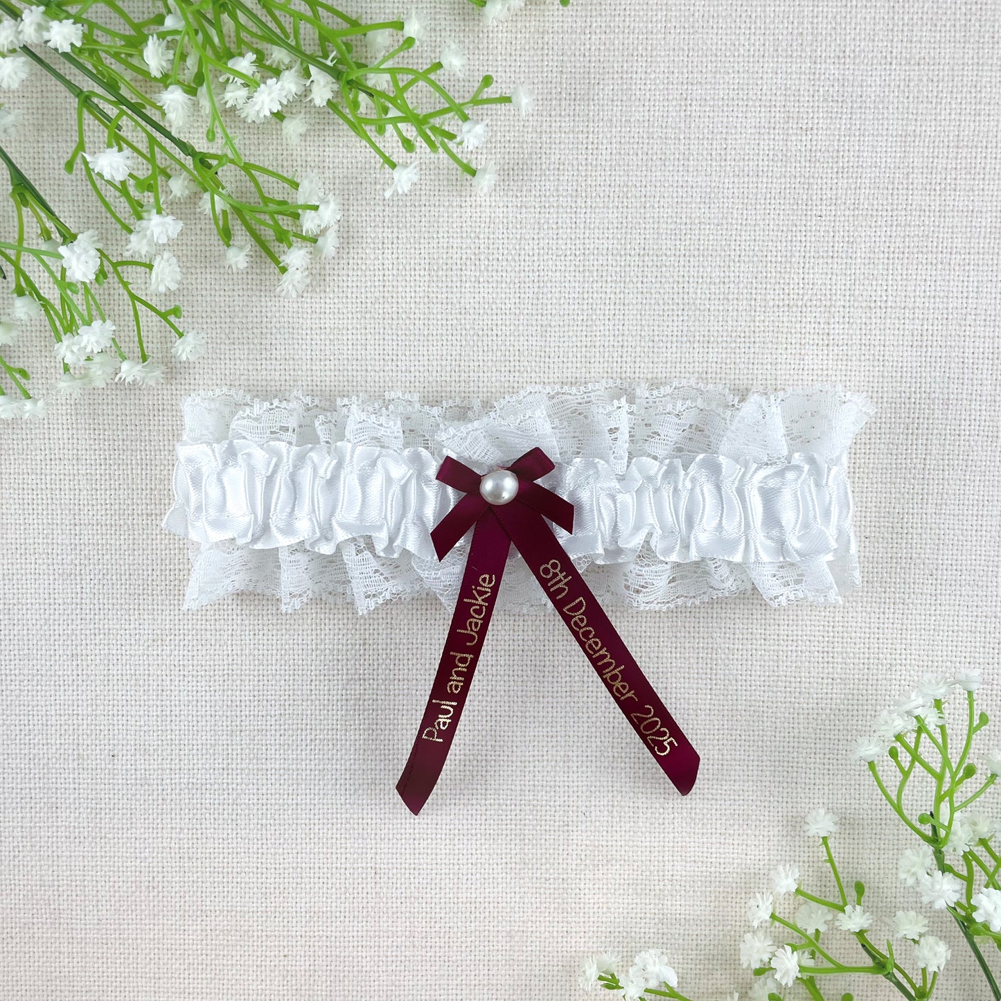 Personalised Garter Burgundy with Gold Text