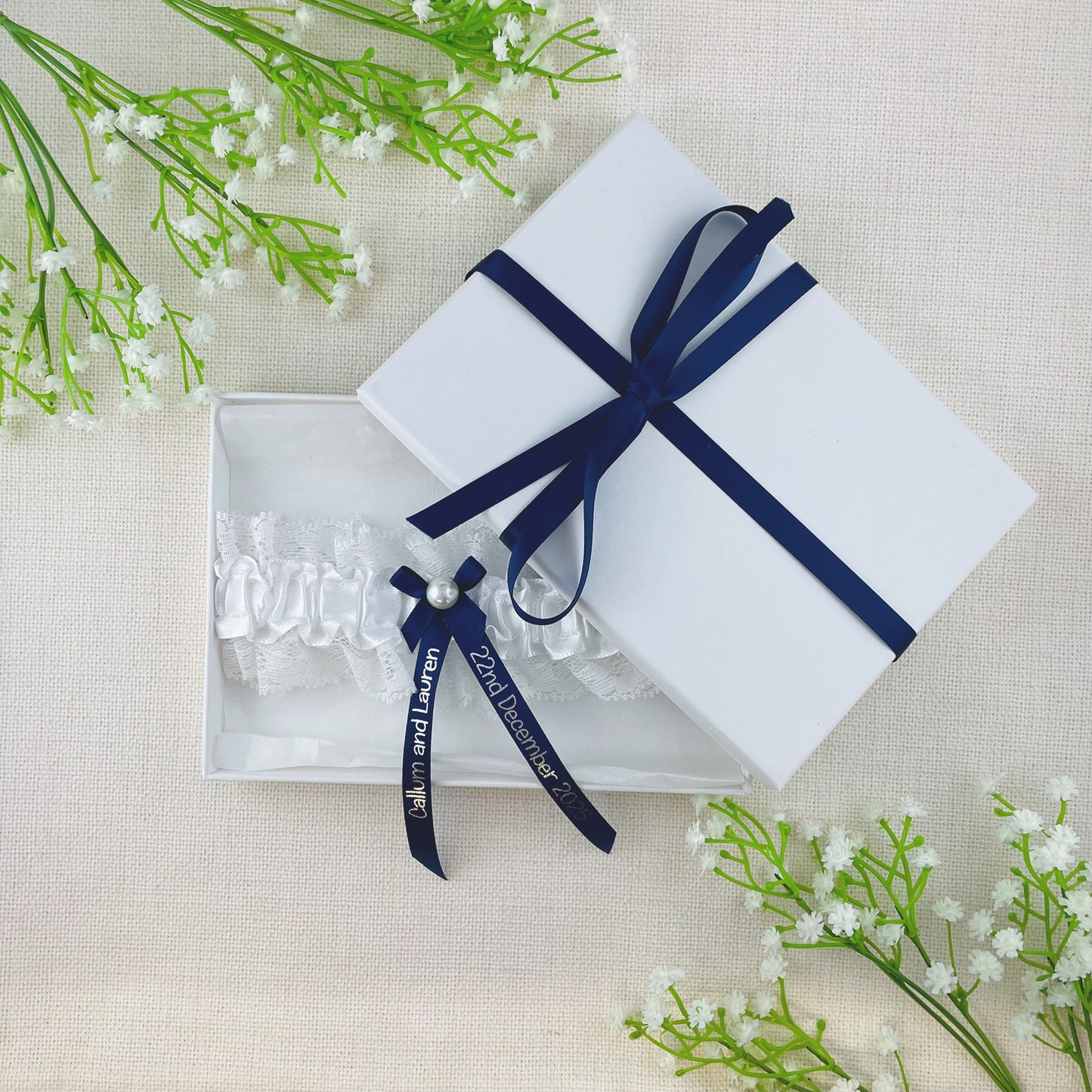 Personalised Garter Navy with Silver Text