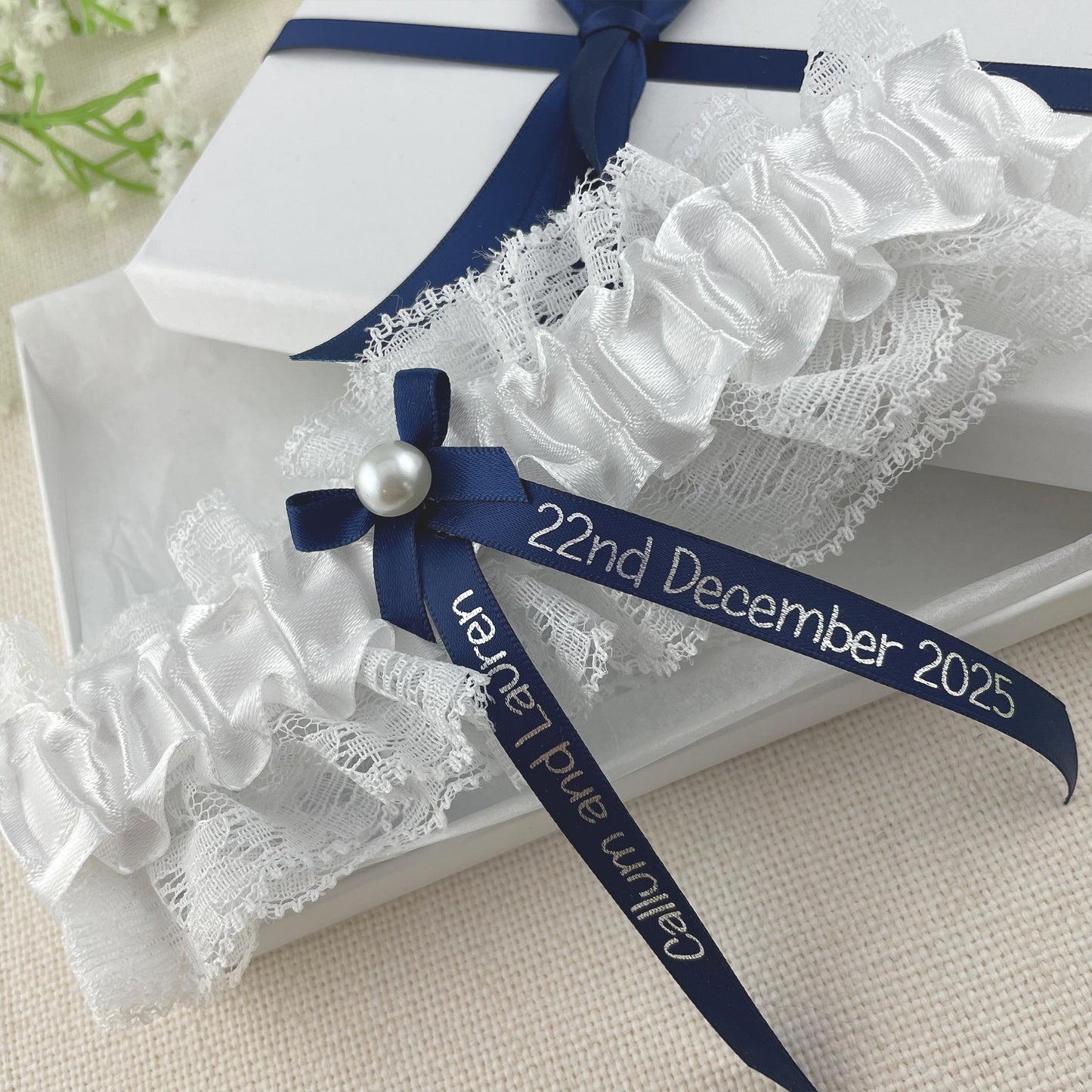 Personalised Garter Navy with Silver Text