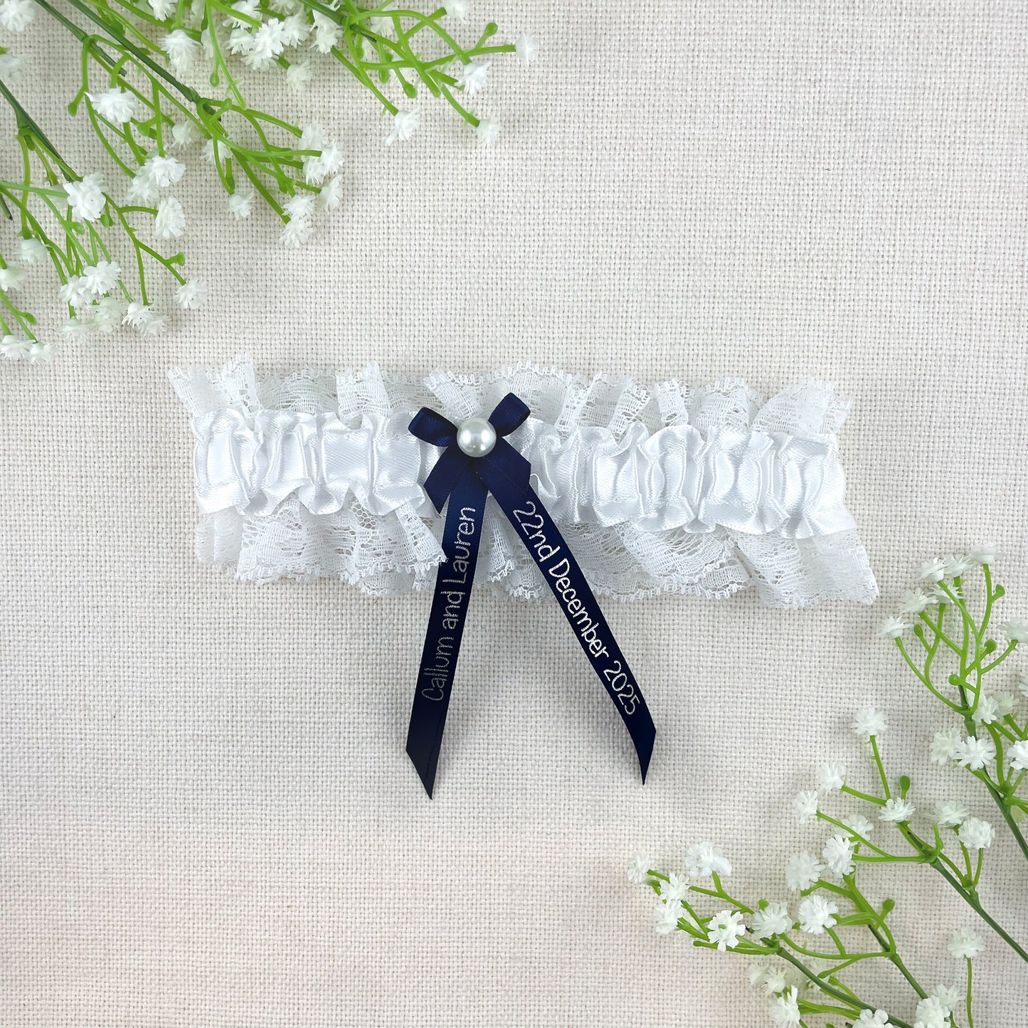 Personalised Garter Navy with Silver Text