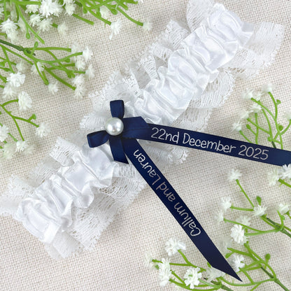 Personalised Garter Navy with Silver Text