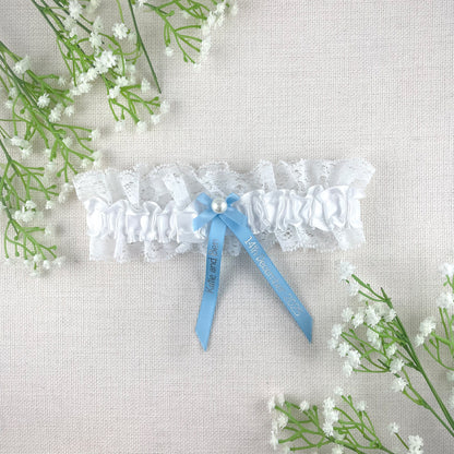 Personalised Garter Pale Blue with Silver Text
