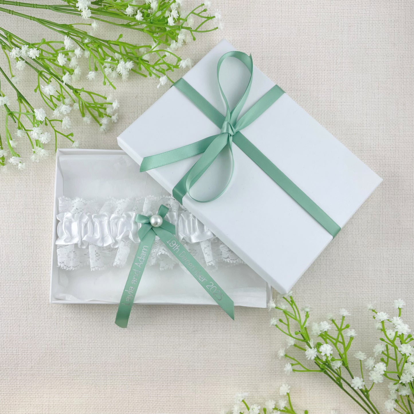 Personalised Garter Sage Green with Silver Text