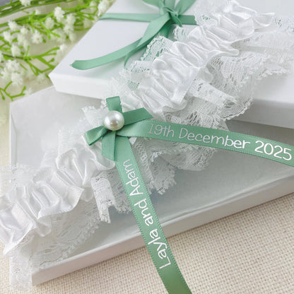 Personalised Garter Sage Green with Silver Text