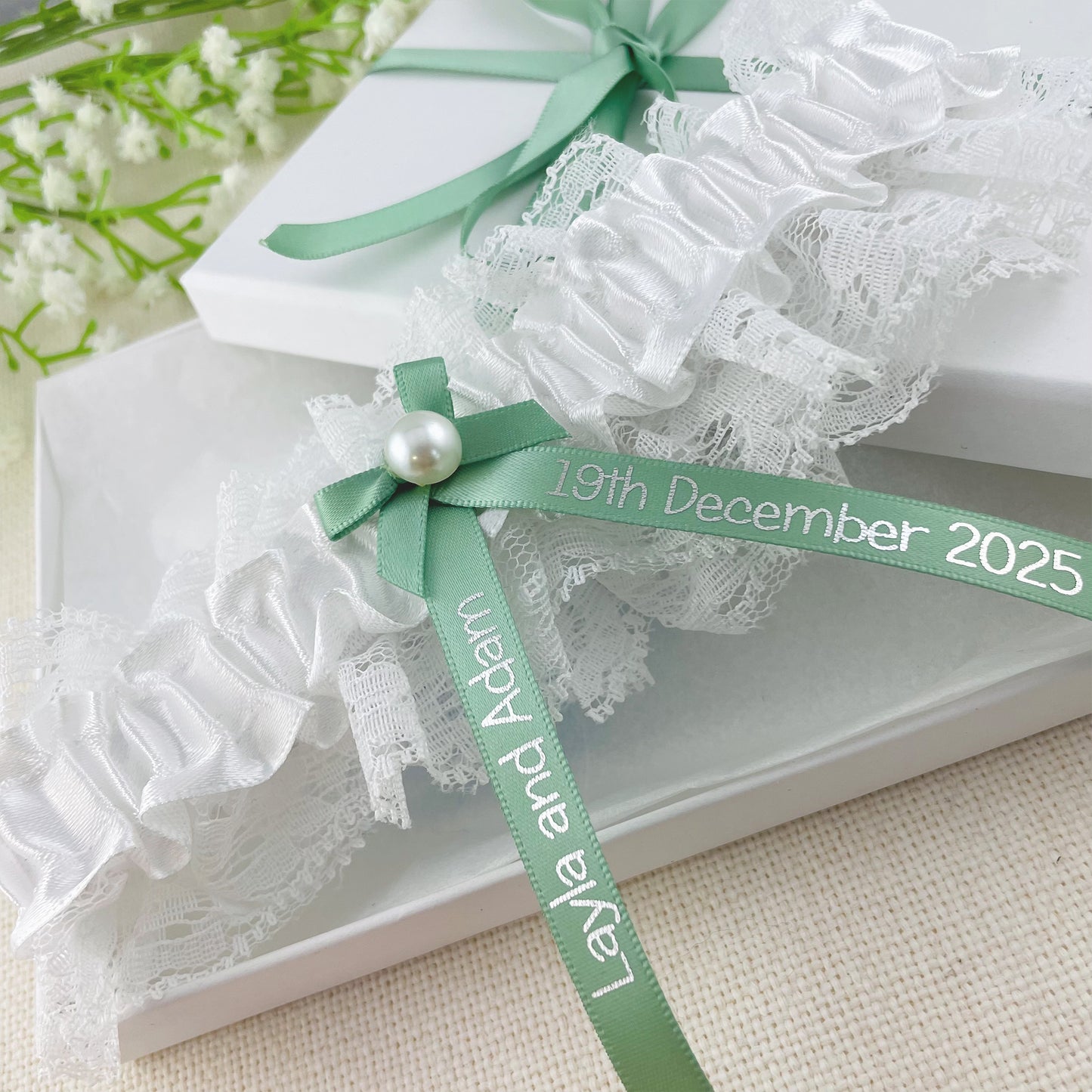 Personalised Garter Sage Green with Silver Text