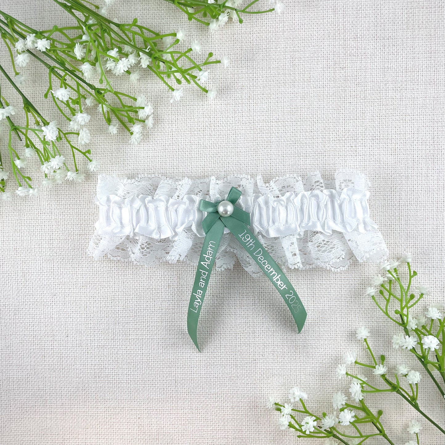 Personalised Garter Sage Green with Silver Text