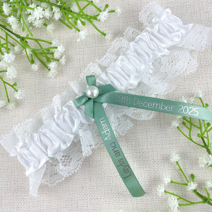 Personalised Garter Sage Green with Silver Text