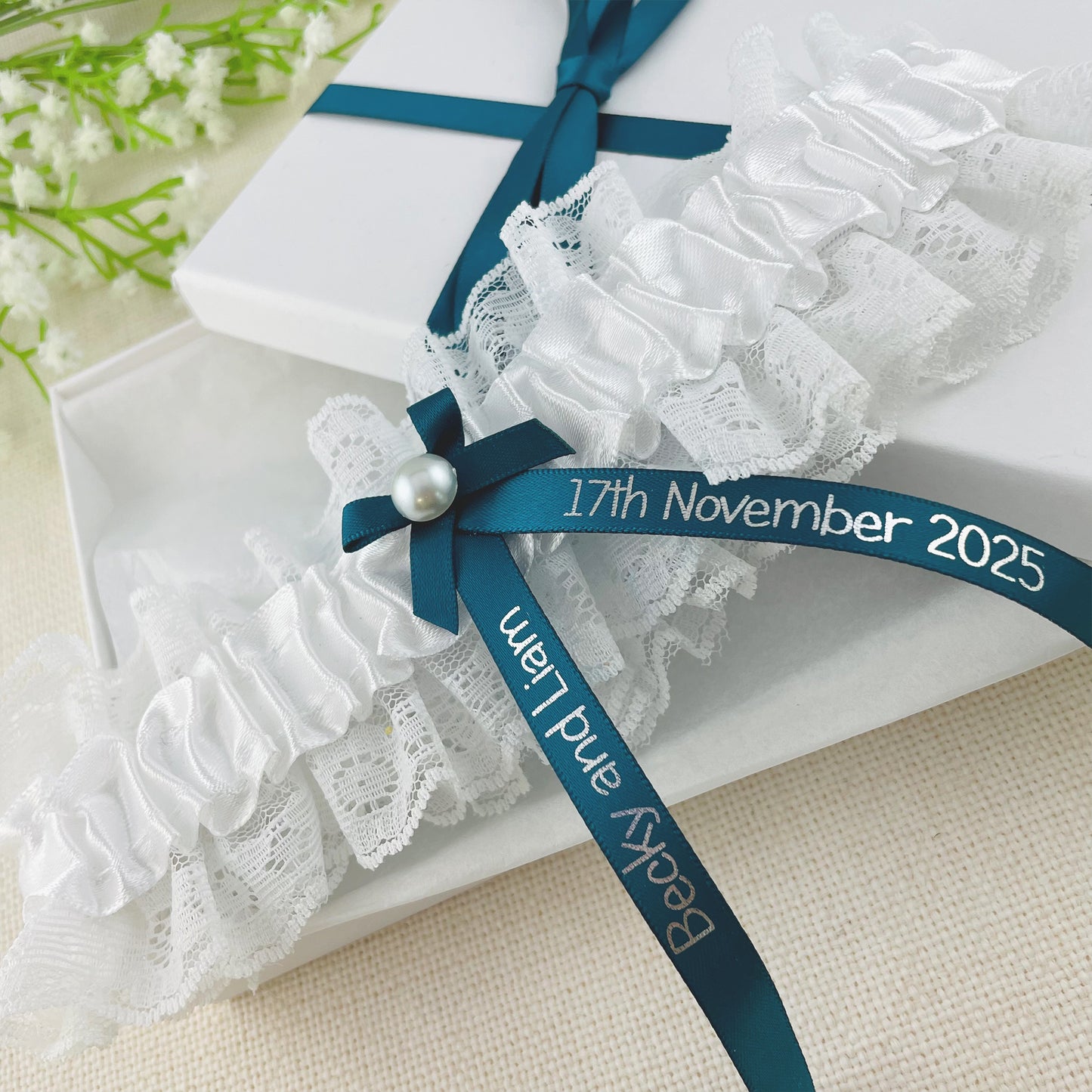 Personalised Garter Teal with Silver Text