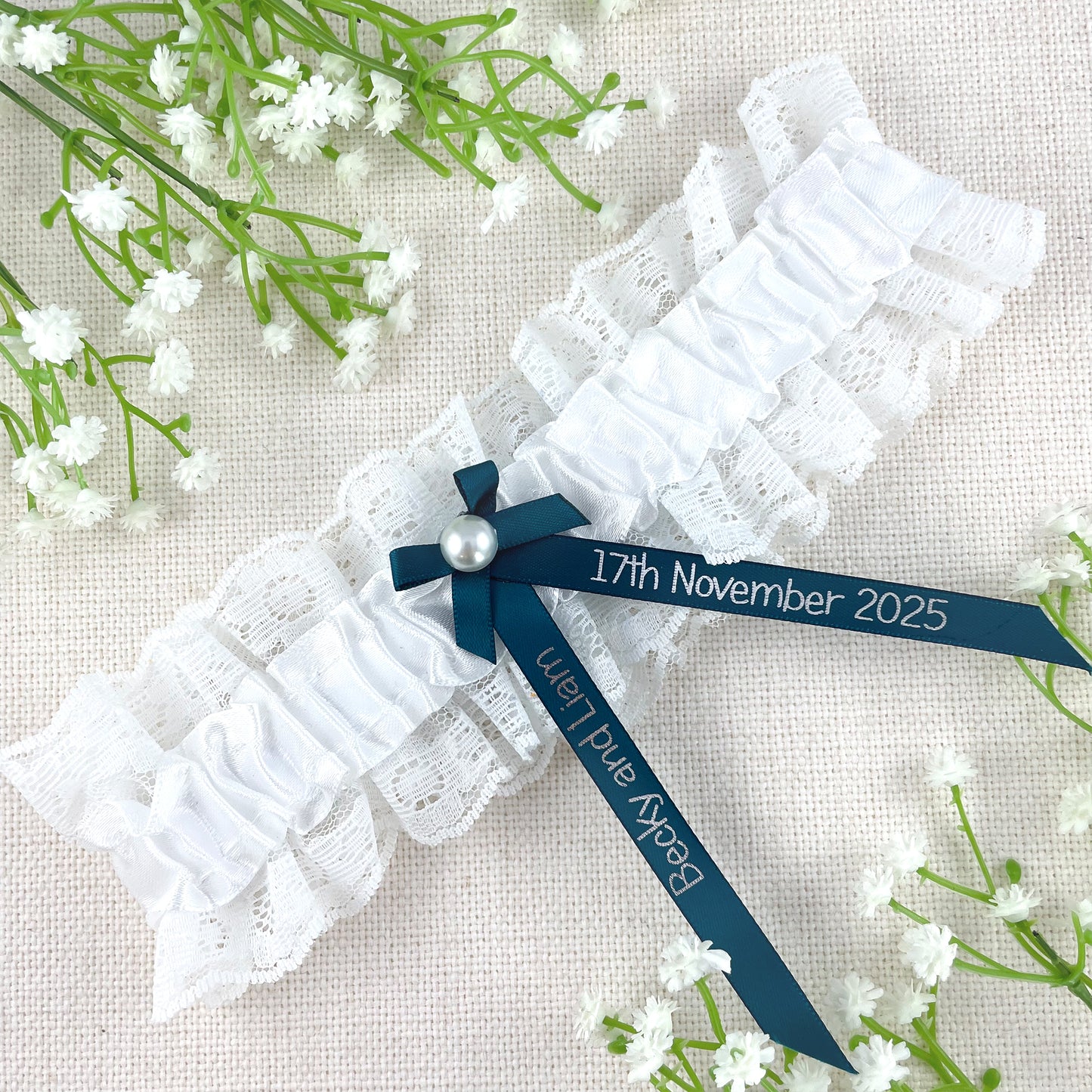 Personalised Garter Teal with Silver Text