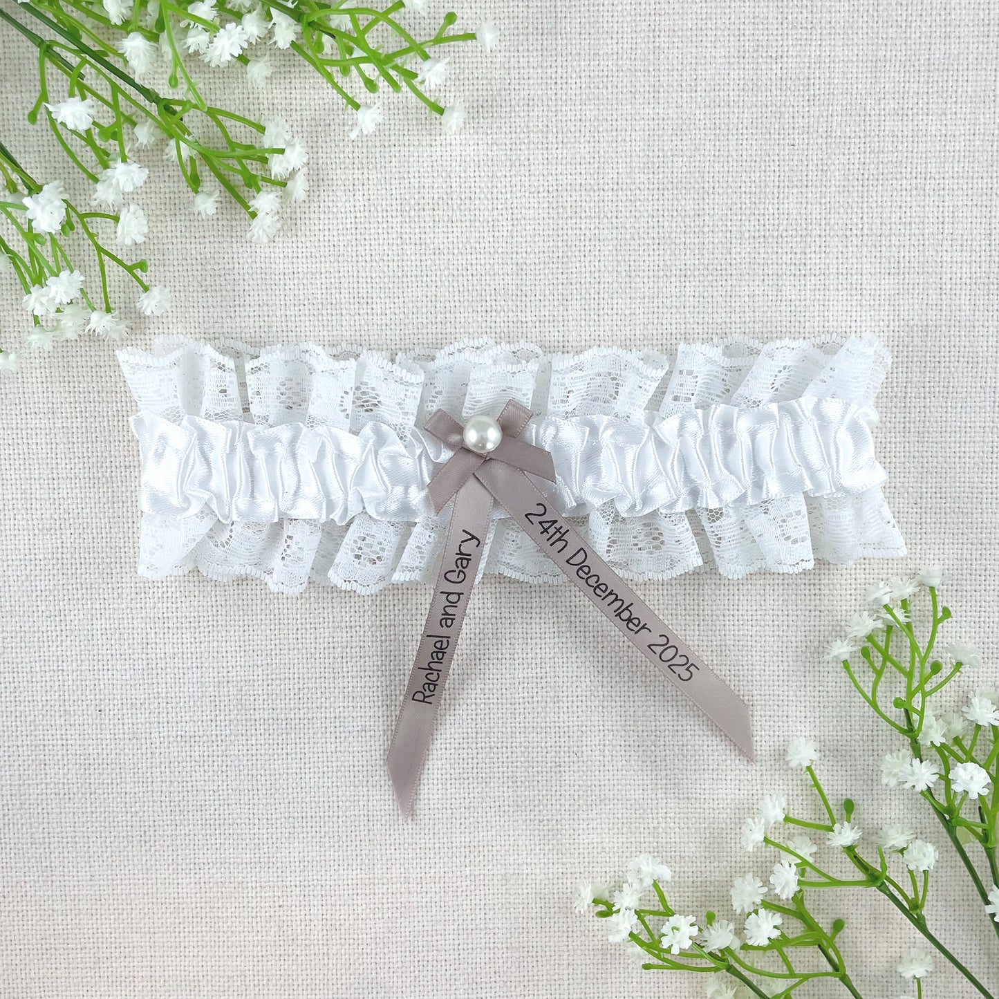 Personalised Garter Taupe with Black Text