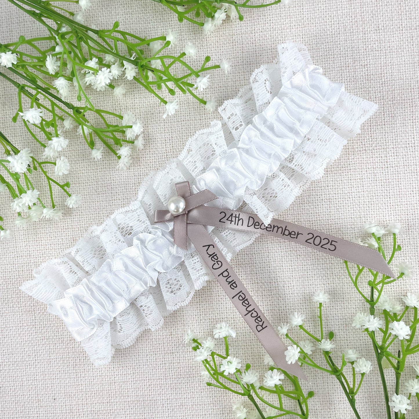 Personalised Garter Taupe with Black Text