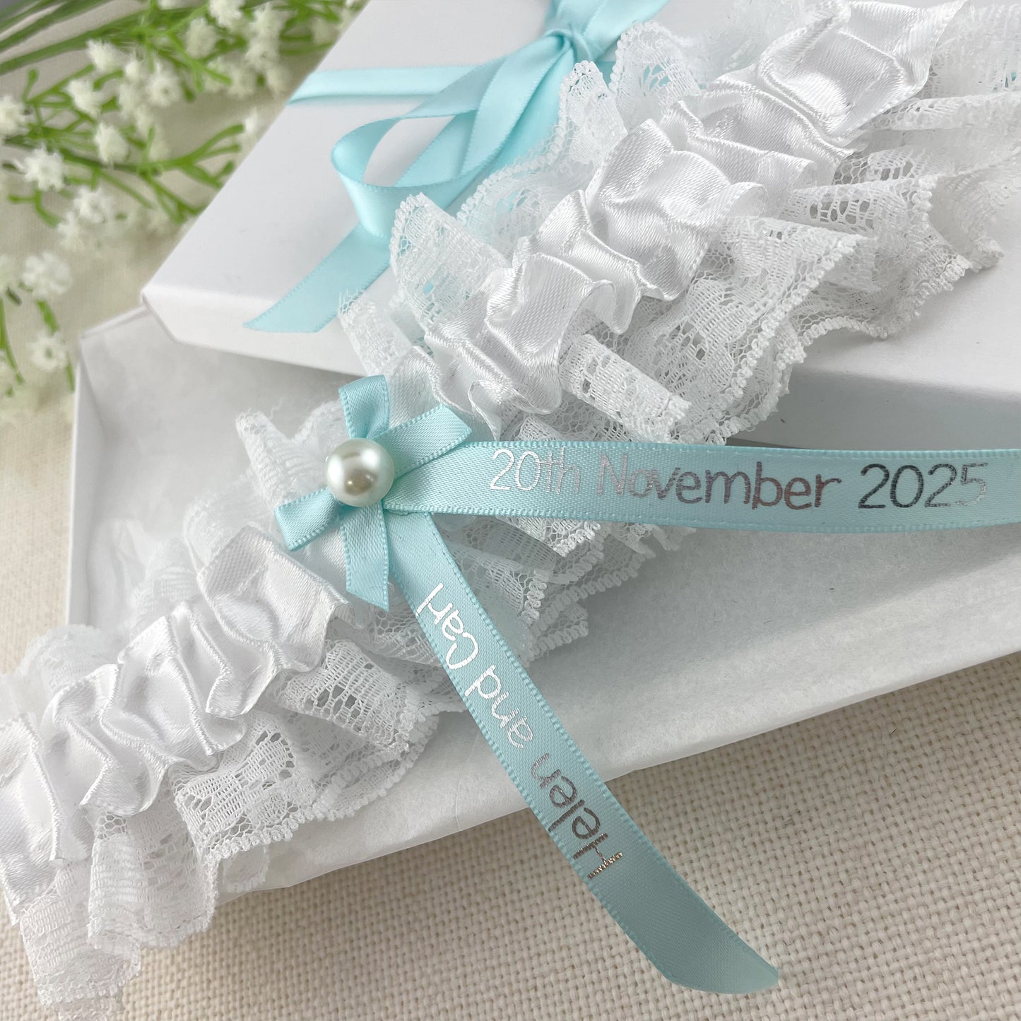 Personalised Garter Duck Egg Blue with Silver Text