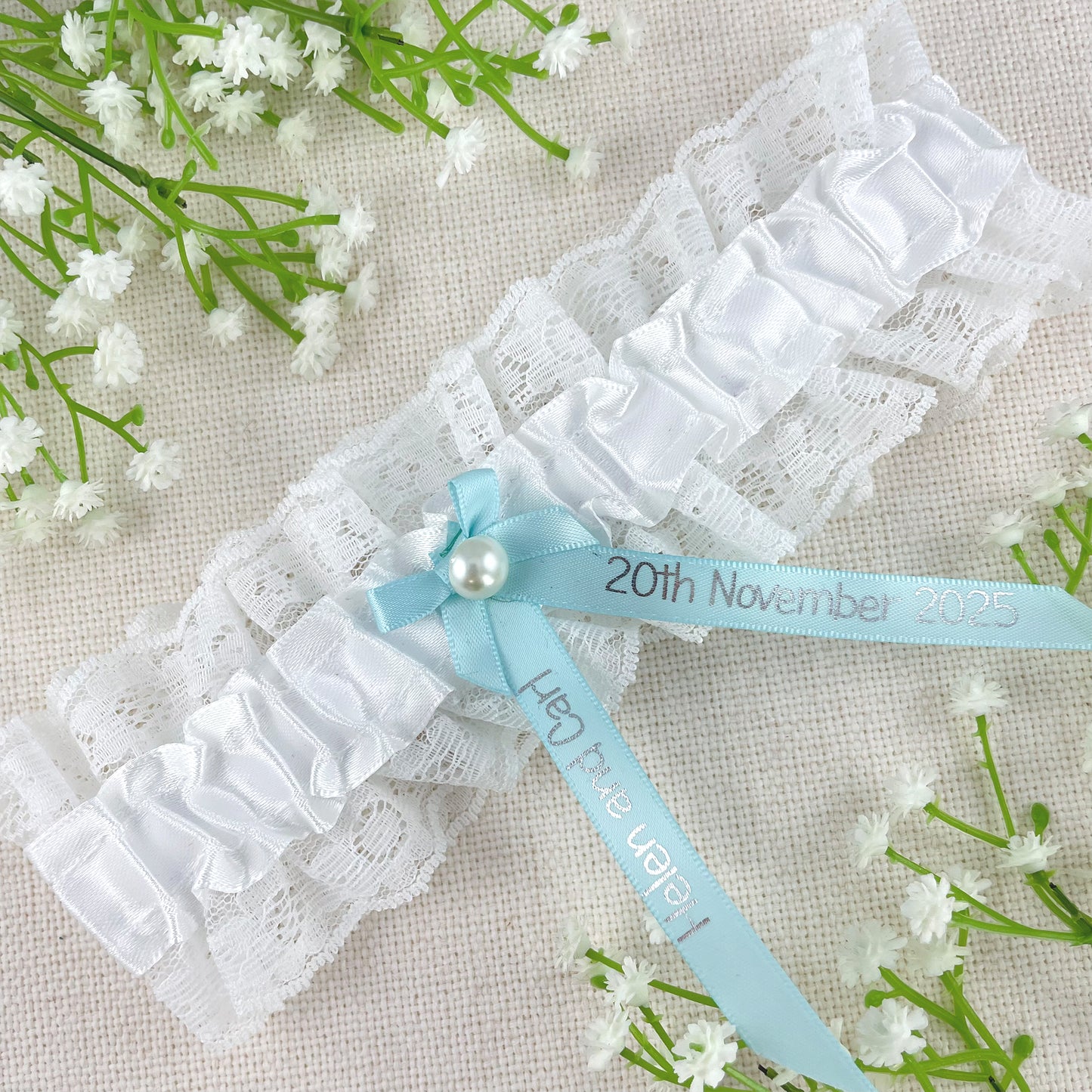 Personalised Garter Duck Egg Blue with Silver Text