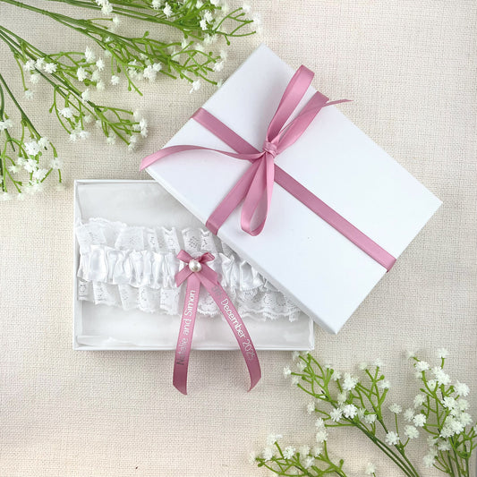 Personalised Garter Antique Pink with Silver Text