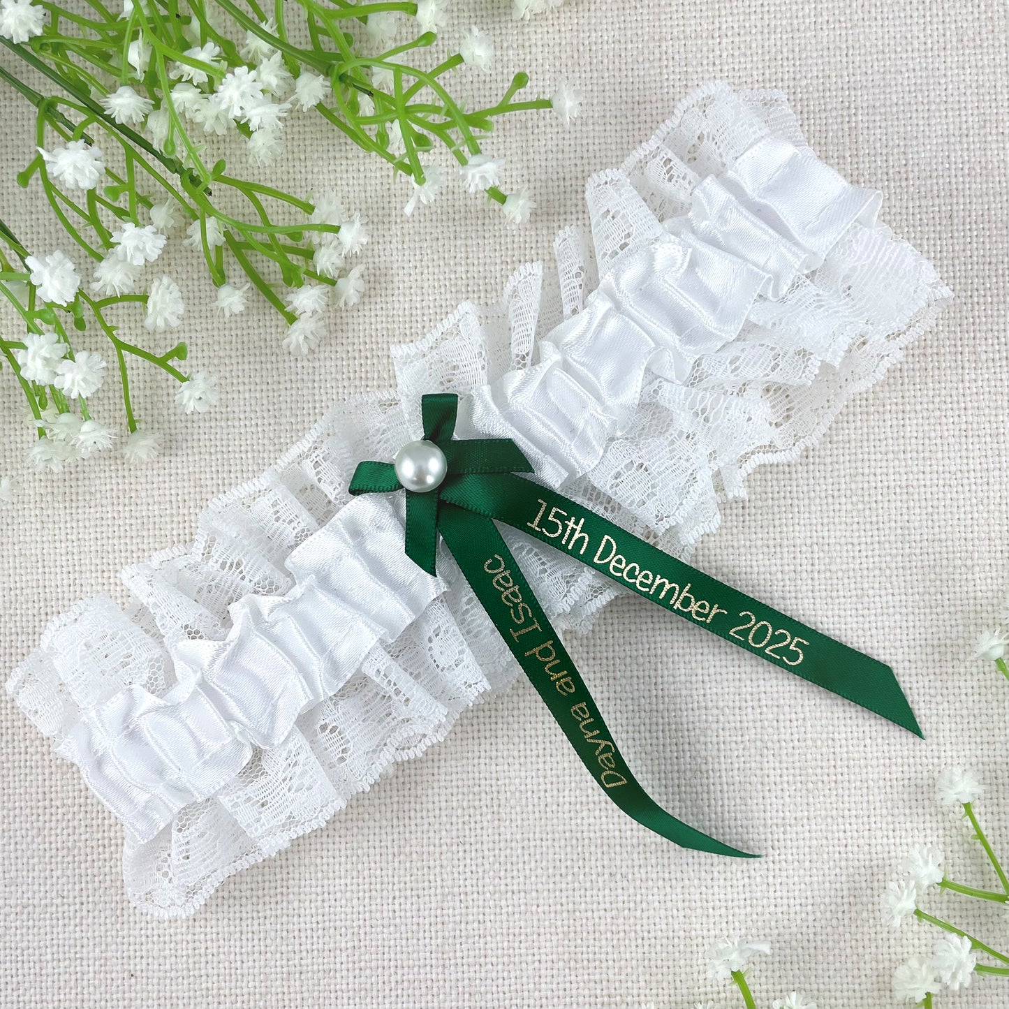 Personalised Garter Bottle Green with Gold Text
