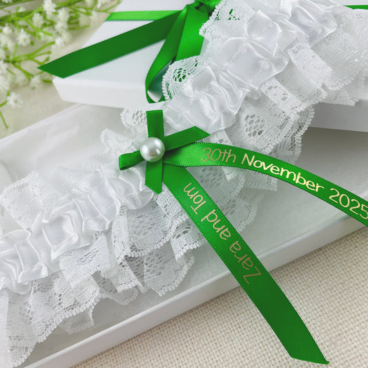 Personalised Garter Emerald Green with Gold Text
