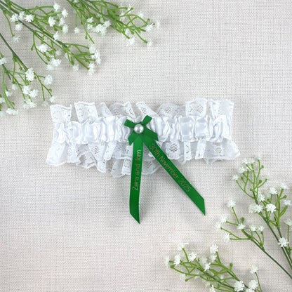 Personalised Garter Emerald Green with Gold Text