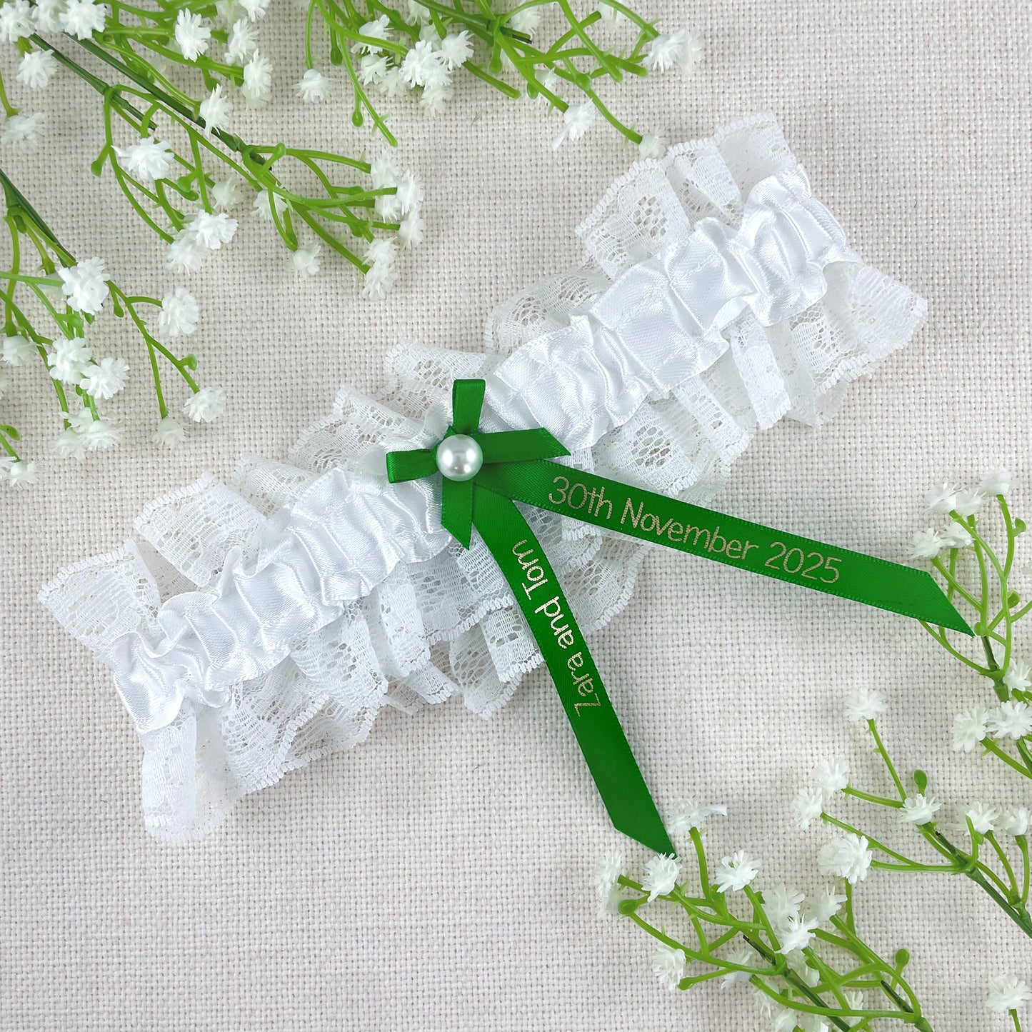 Personalised Garter Emerald Green with Gold Text