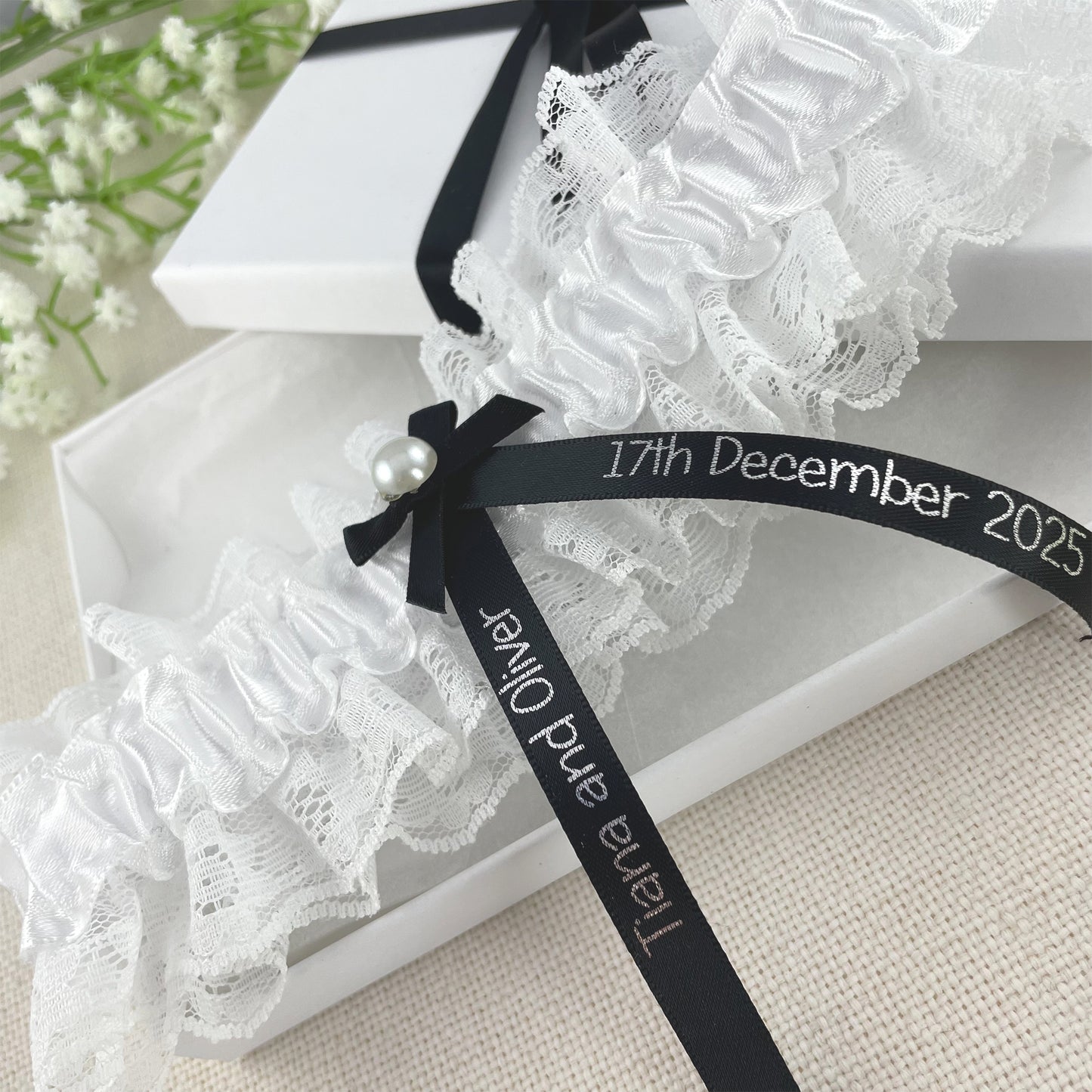 Personalised Garter Black with Silver Text