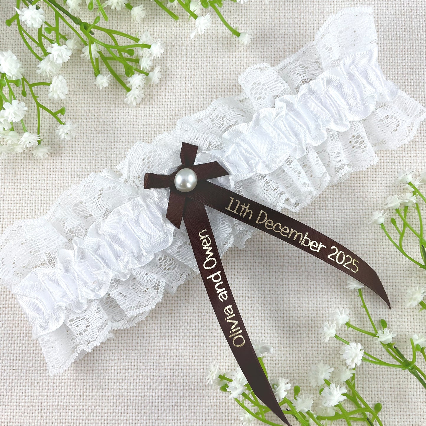 Personalised Garter Brown with Gold Text