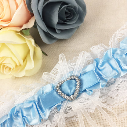 White & Blue Diamanté Heart Bridal Garter - Wedding Garter Gift for the Bride to Be Something Blue Wedding Day Hen Party Engagement
