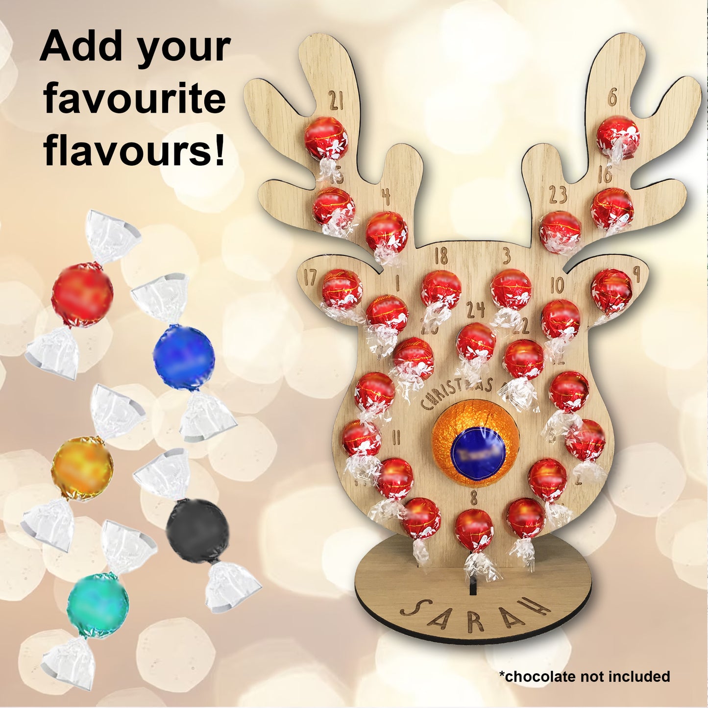 Personalised Advent Calendar Reindeer Chocolate Christmas Countdown Reusable - Add your Name DIY Make Your Own