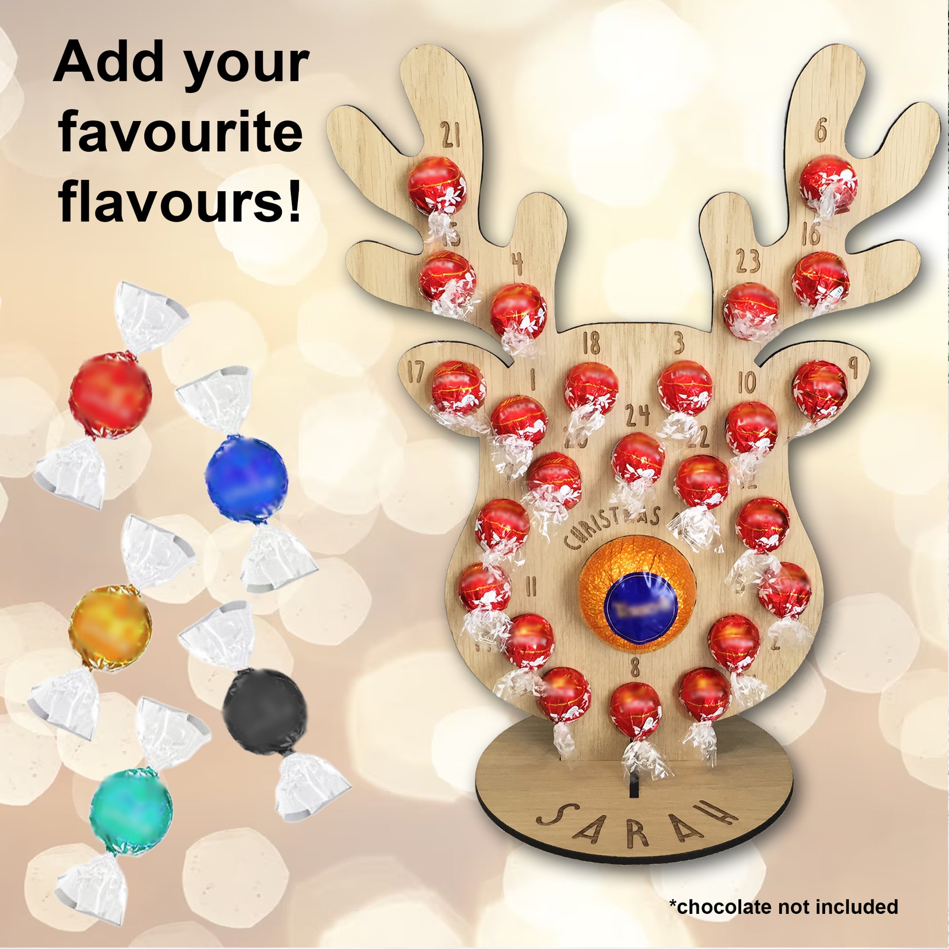 Personalised Advent Calendar Reindeer Chocolate Christmas Countdown Reusable - Add your Name DIY Make Your Own