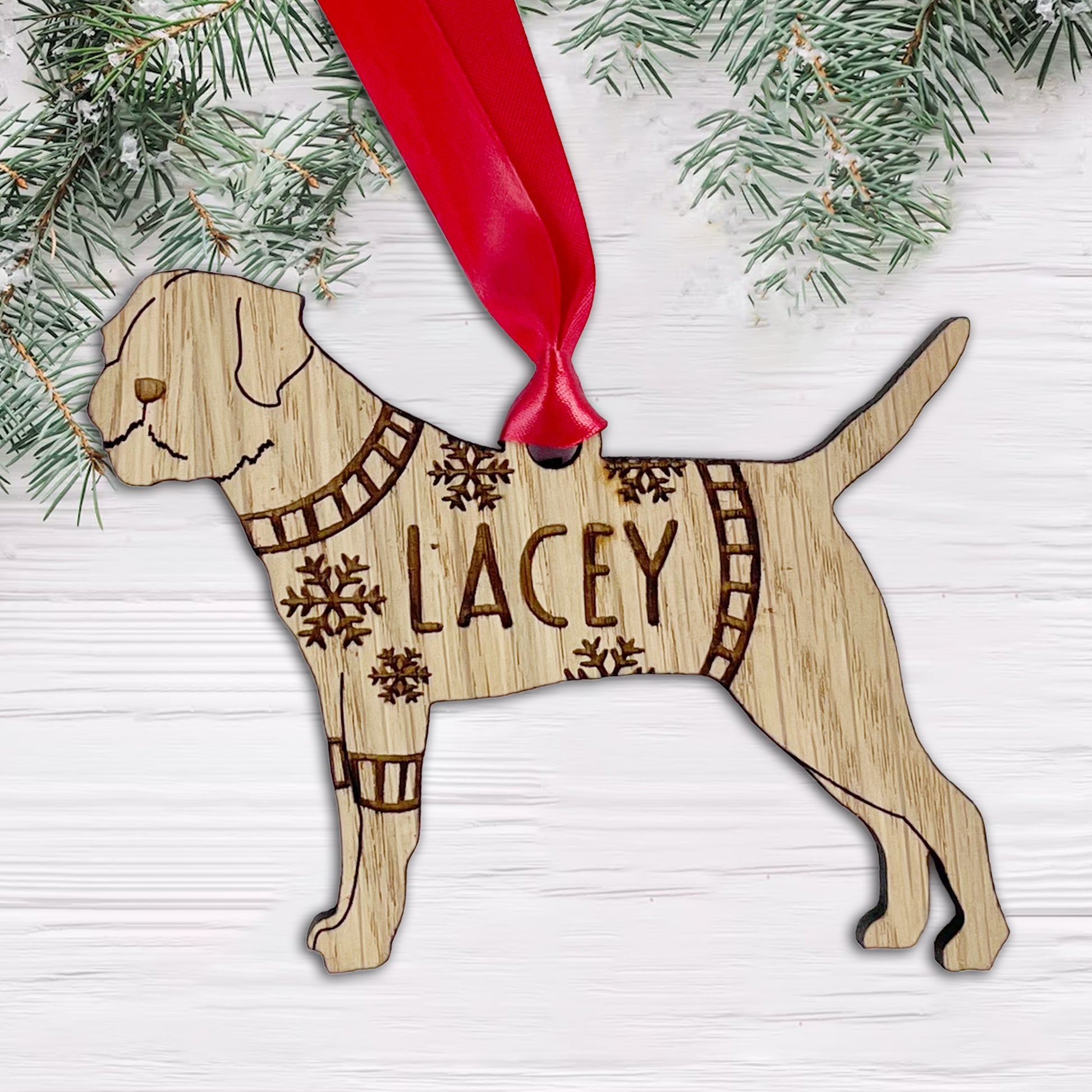 Personalised Border Terrier Bauble Jumper Dog Bauble - Oak Veneer Wood - Add any name