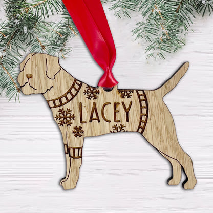 Personalised Border Terrier Bauble Jumper Dog Bauble - Oak Veneer Wood - Add any name