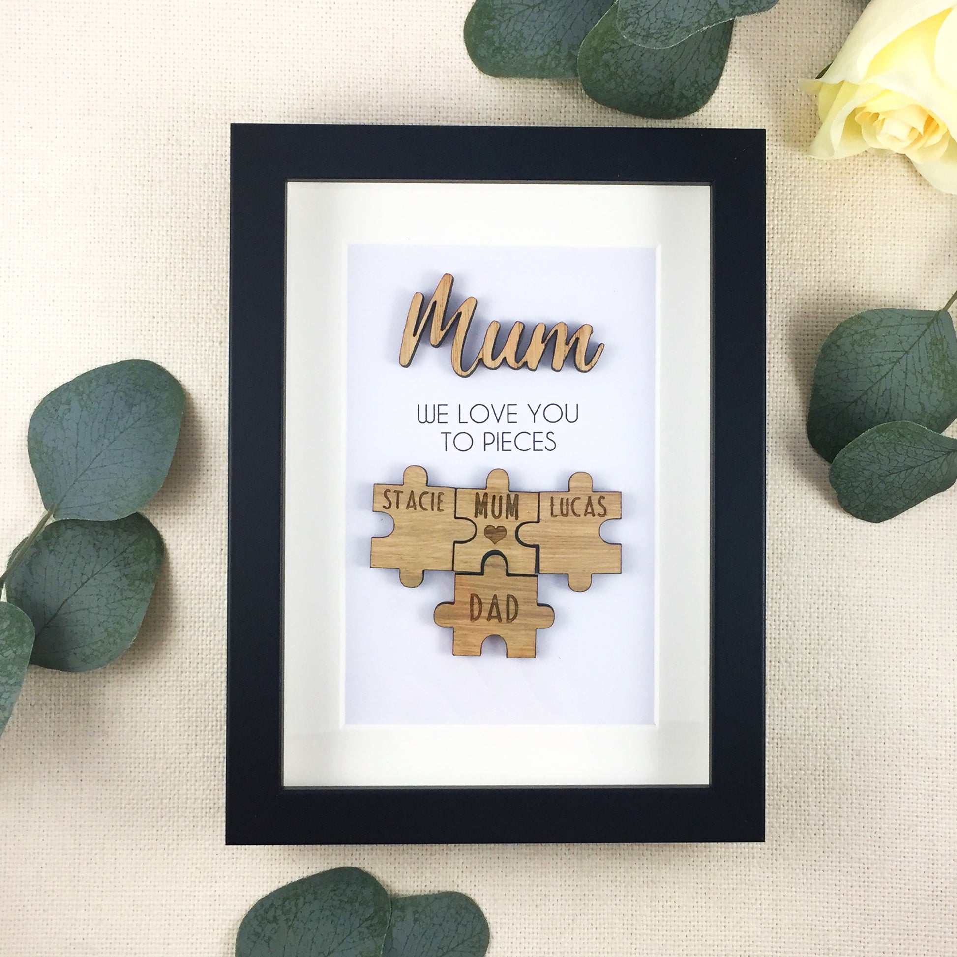 Personalised Mum / Mummy 'We Love You To Pieces' Wooden Mothers Day Christmas Birthday Puzzle Pieces Family Box Frame Add your family names