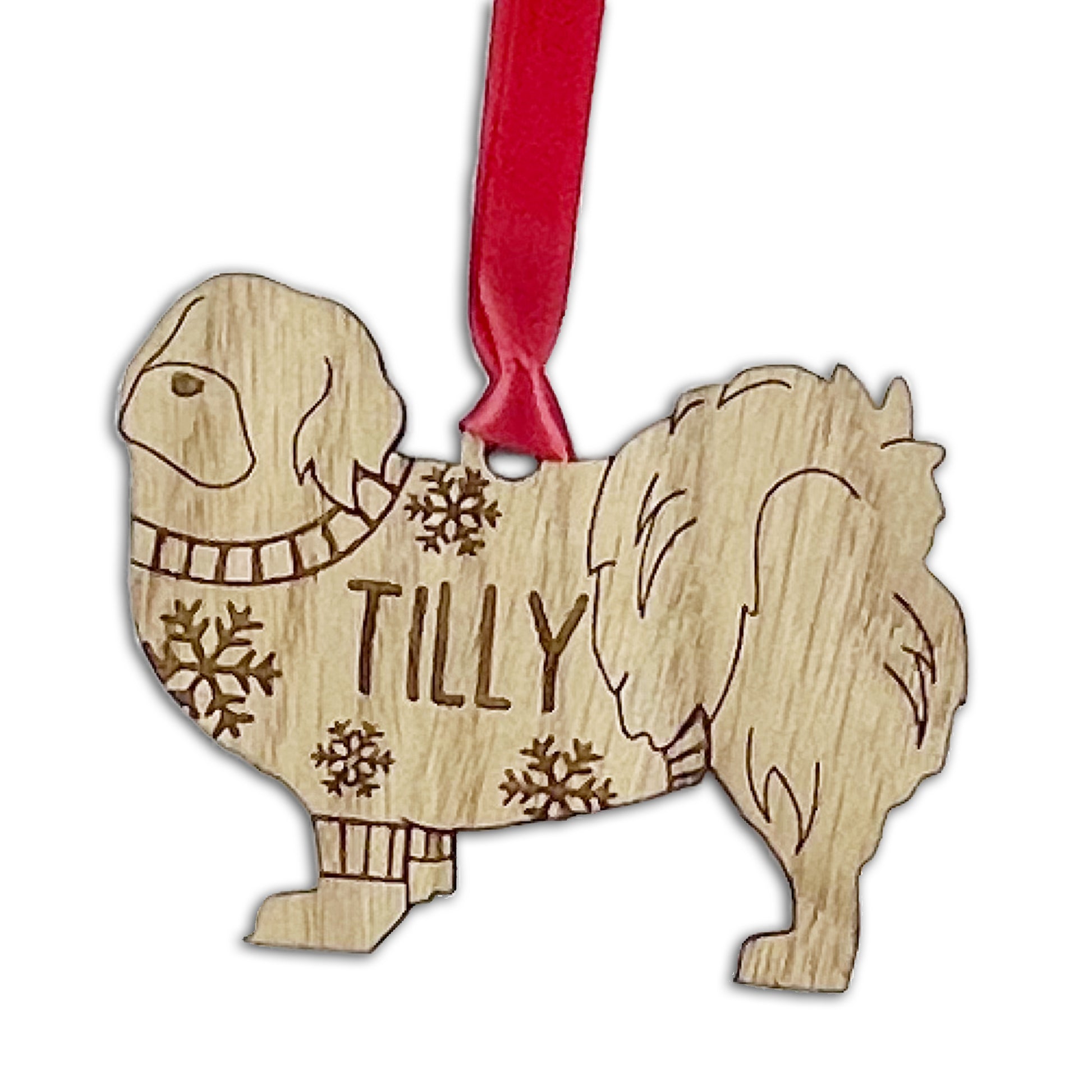 Personalised Tibetan Spaniel Bauble Jumper Dog Bauble - Oak Veneer Wood - Add any name