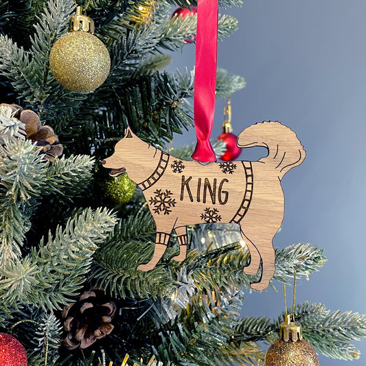 Personalised Husky Bauble Jumper Dog Bauble - Oak Veneer Wood - Add any name