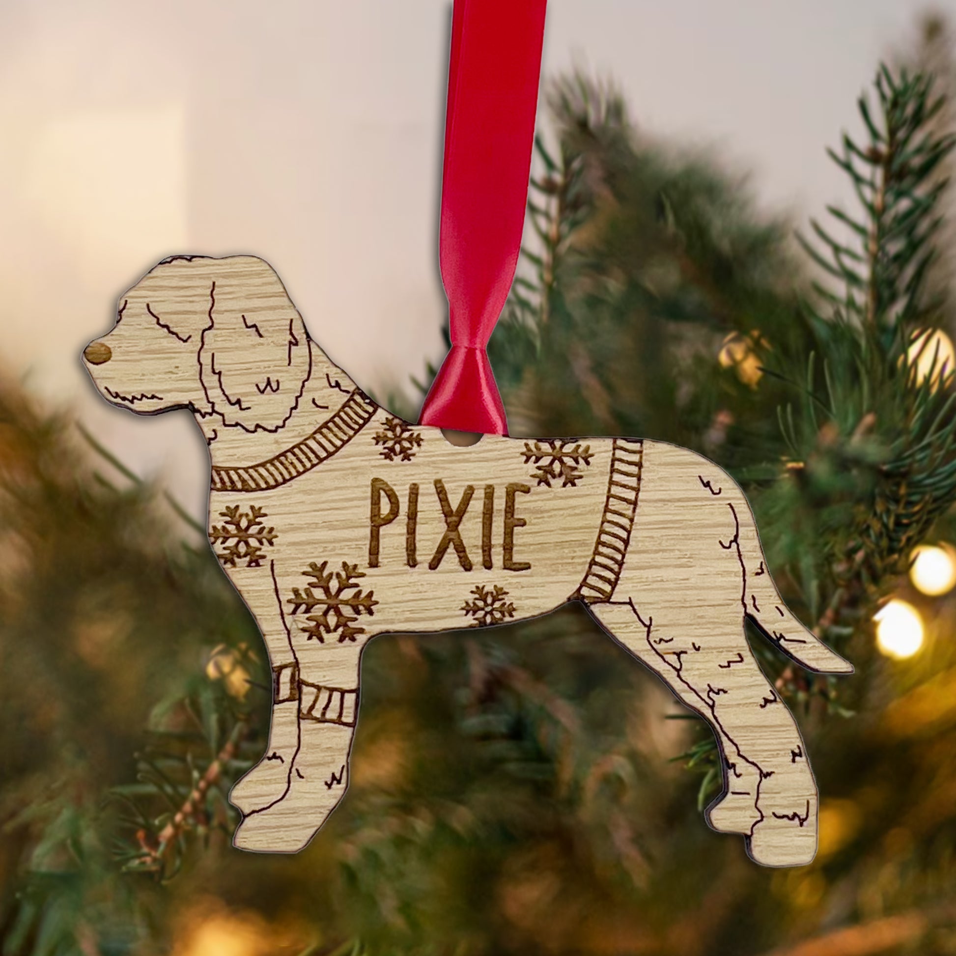 Personalised Lagotto Romagnolo Bauble Jumper Dog Bauble - Oak Veneer Wood - Add any name
